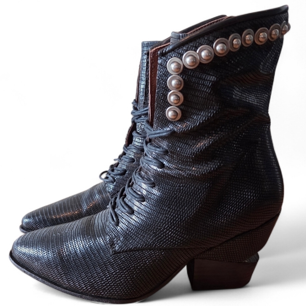 AS98 Women's Italian Leather Black Ankle Cut Out Heel Biker Moto Croco Boots 37